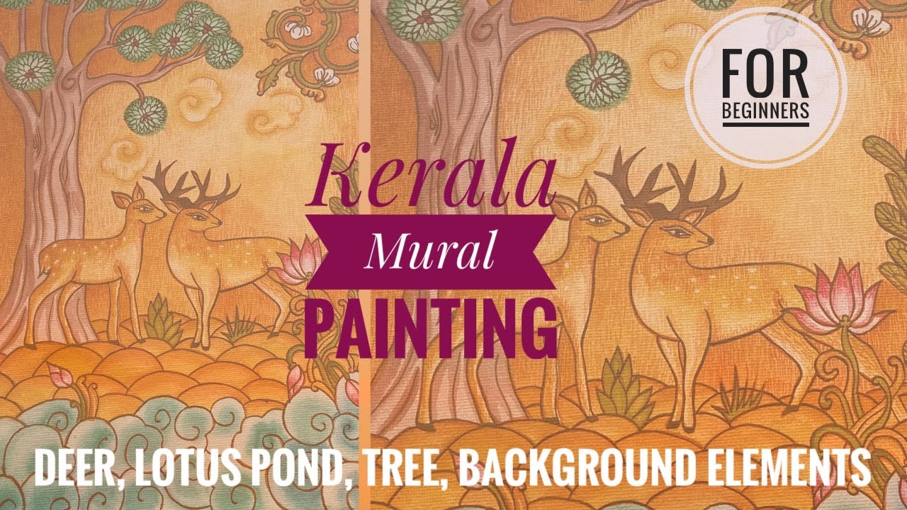 Kerala Mural Scenery Painting for beginners / Deer / Lotus Pond / Tree / Background elements