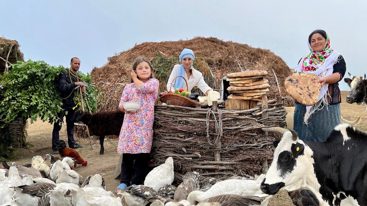 Simple Nomadic Life in Northern Iran – Baking Panjakish Bread, Cooking & Milking Cows