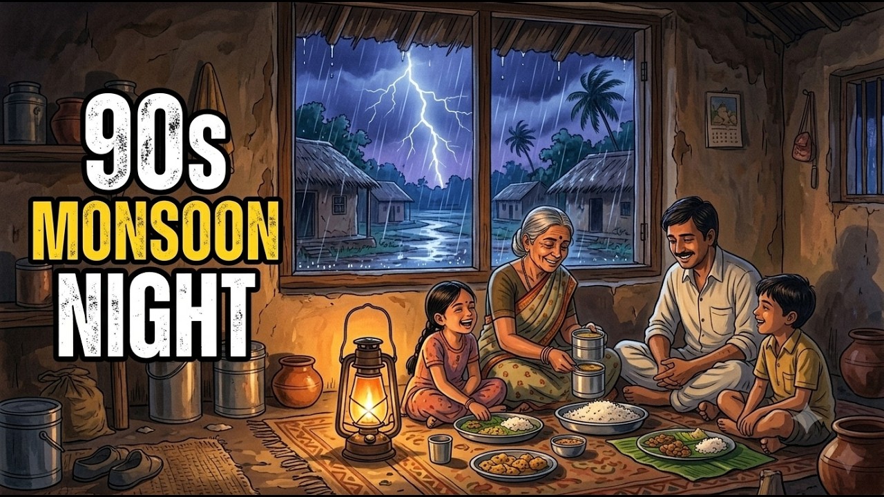 90s Indian Village Storm Night 🌧️ | Power Cut, Rooftop Sleep & Lantern Light | Ghibli Style ASMR