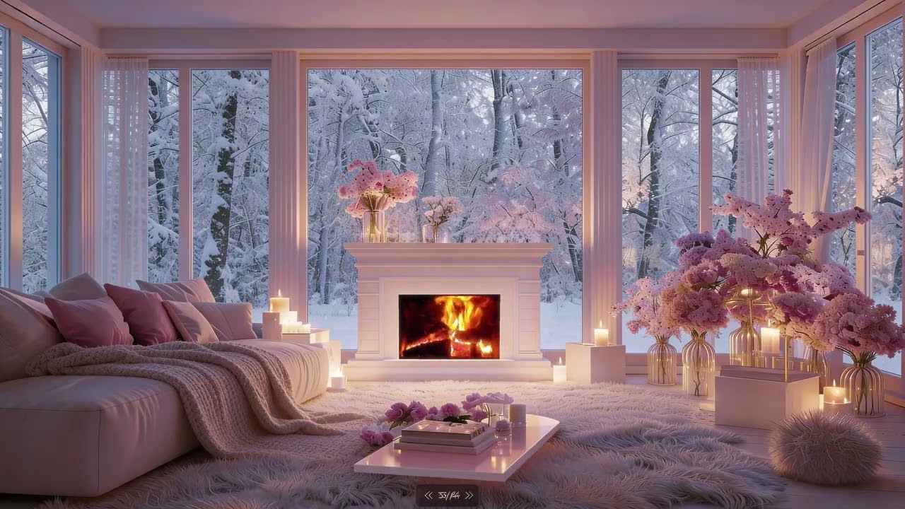 Tranquil Winter Cabin Living Room 🎹🤍Relaxing Piano, Fireplace & Snowfall for Work, Sleep
