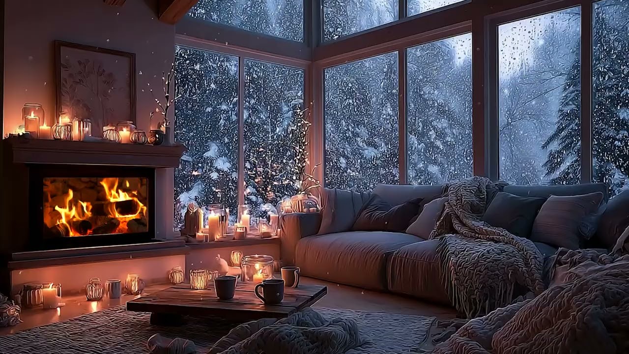 Snowy Cabin Fireplace Ambience 🔥 Warm Lights, Winter Night Sounds for Deep Relaxation & Sleep