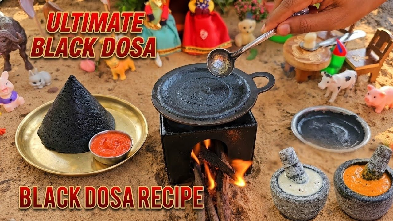 Black Dosa/Black Dosa Batter Making/mini Dosa/Black Dosa and chutney/miniature dosa/tiny cooking 