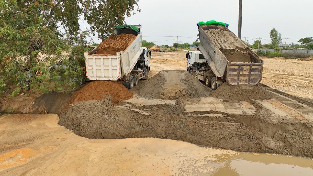 Amazing! Sand Filling Huge Size Lake Use Skill Bulldozer Pushing Sand And 25t Dump Trucks