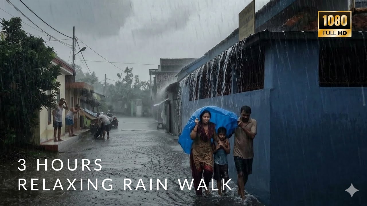 Super Heavy Rain & Thunderstorm in an Indonesian Neighborhood – 3 Hours of Real Street Sounds
