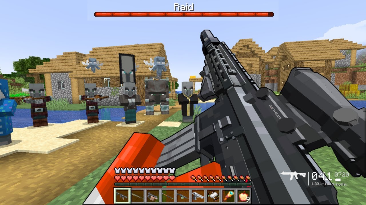 DESTROYING THE RAID ON THE VILLAGE USING MODERN WEAPONS IN MINECRAFT