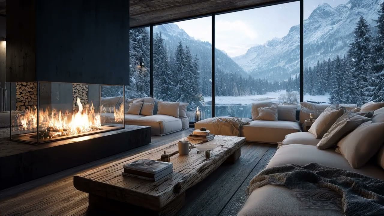 Cozy Snowy Mountain Cabin Fireplace Ambience | Fire Crackling & Snowing – 3 Hours