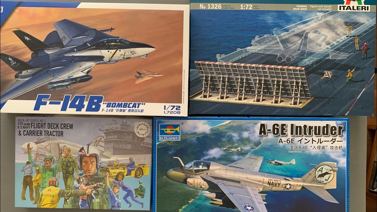 4 Kit review. 1/72 F14B, A-6E, Flight deck crew & Carrier tractor. Carrier deck section