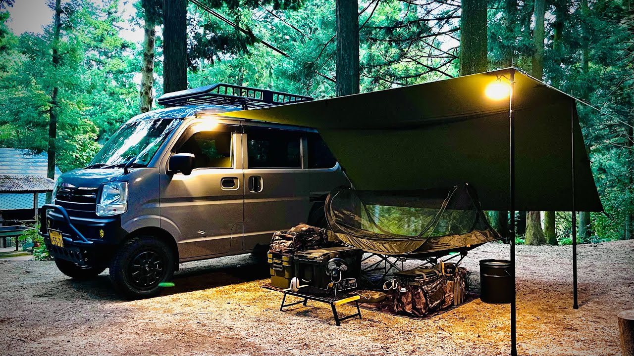 【軽バン】エブリイバンに3×3タープで晴れのち雨のソロキャンプ【ポップアップテント】VanLife
