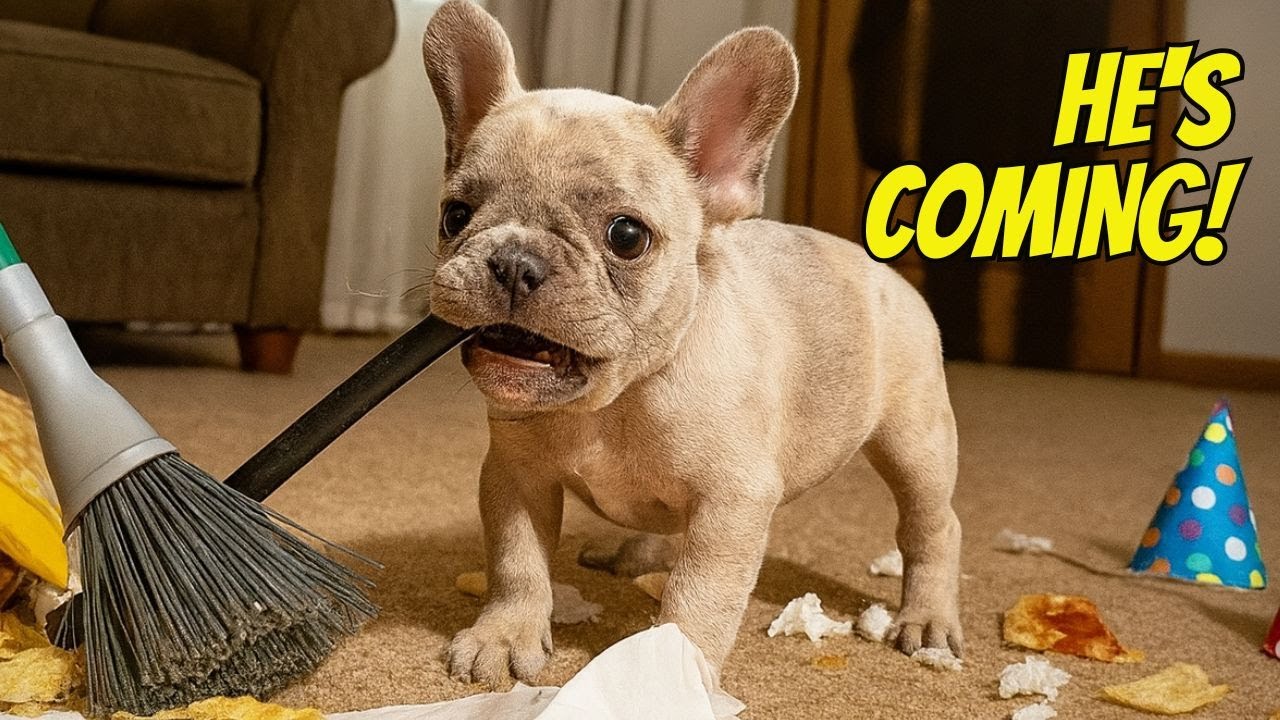 Tiny Frenchie’s Funny Mission: Hide the Party Evidence Before Dad Arrives 😂🧹