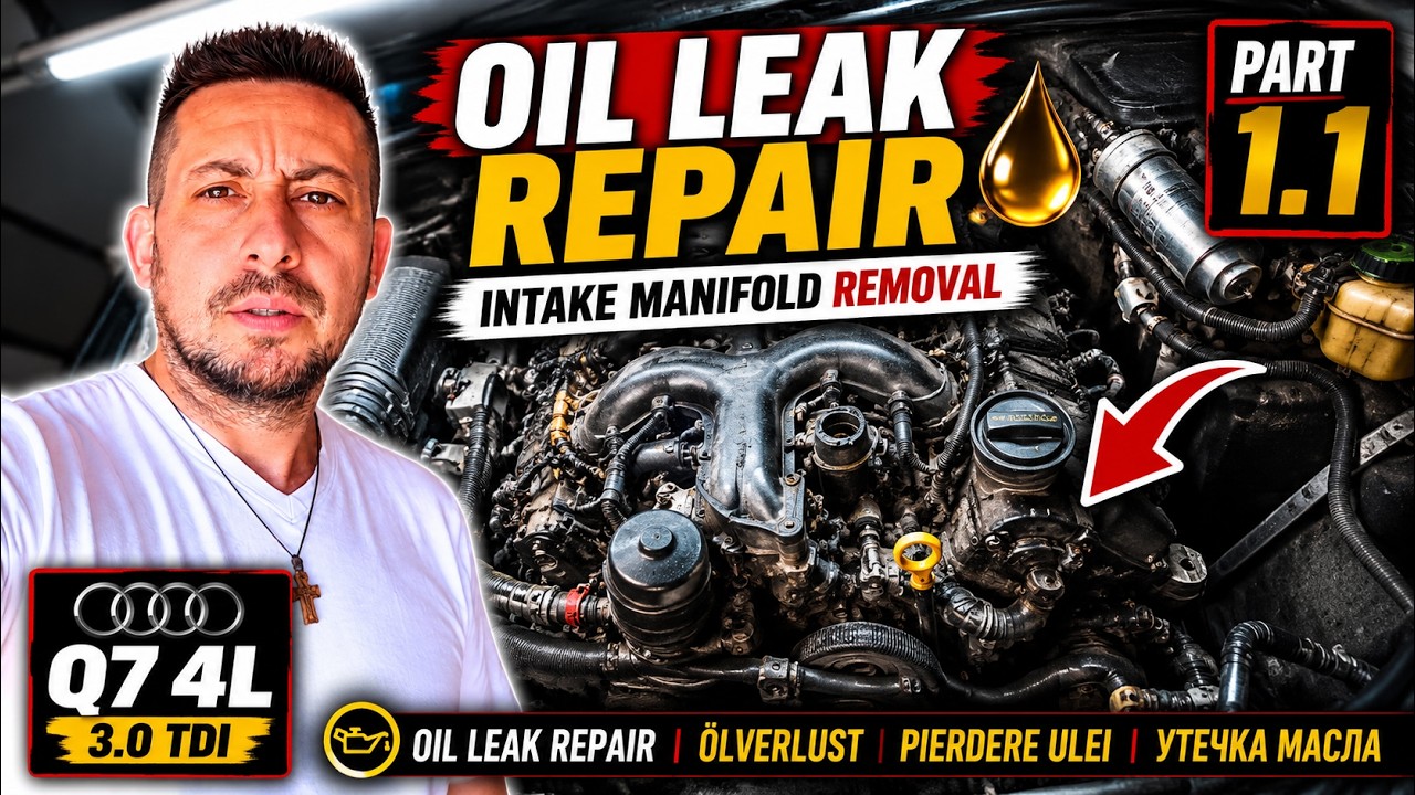 Audi Q7 4L - Oil leak repair - &Ouml;lverlust - Pierdere ulei - manifold removal утечка масла - Part 1.1