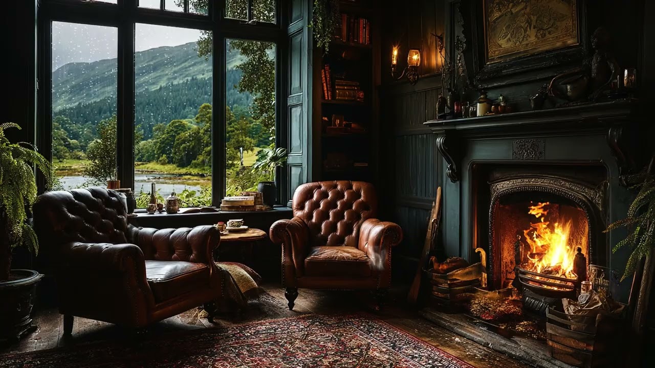 Cozy Library Ambience – Scottish Fireplace, Rainy Loch Castle & Soft Piano Music for Relax & Sleep