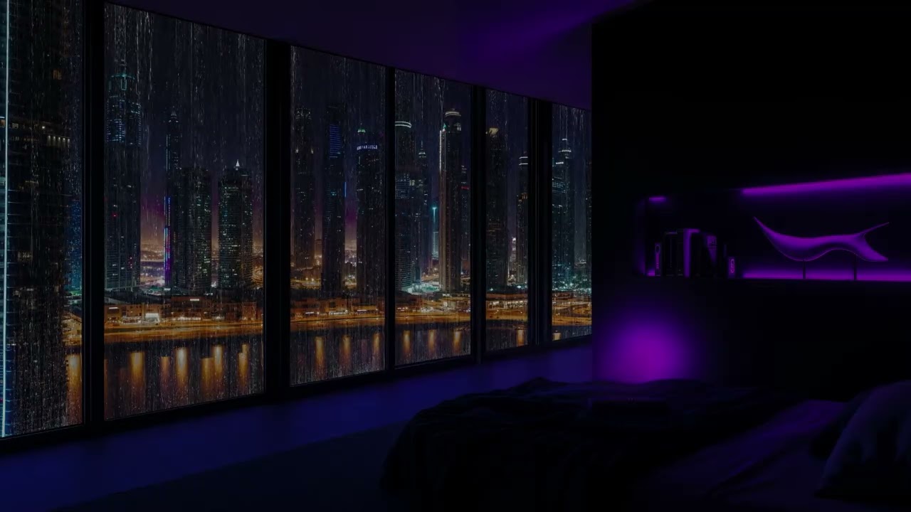 (No Ads)Fall Asleep in 5 Minutes 💧😴 City Rain ASMR ☔🌃  Calm Purple Night for Deep Sleep & Relaxation