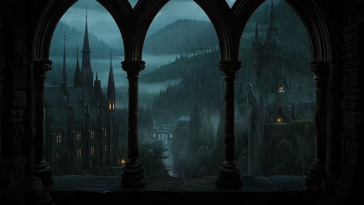 Soothing Rain and Thunder from a Medieval Window with Beautiful Castle Scenery