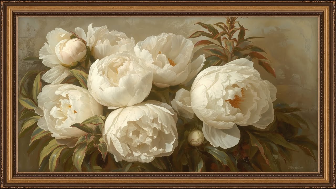 Vintage White Peonies in Gold Frame | Timeless Floral Painting | TV Screensaver 4K