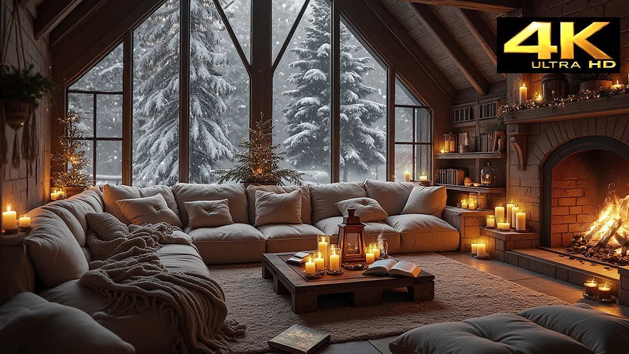 Soothing Winter Cabin at Night ❄️🔥 Fireplace Glow & Falling Snow