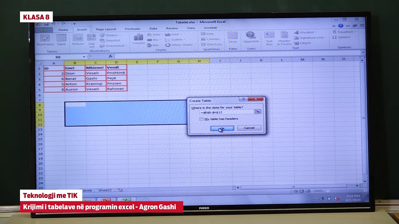 8523 - Teknologji me TIK - Krijimi i tabelave në programin Excel
