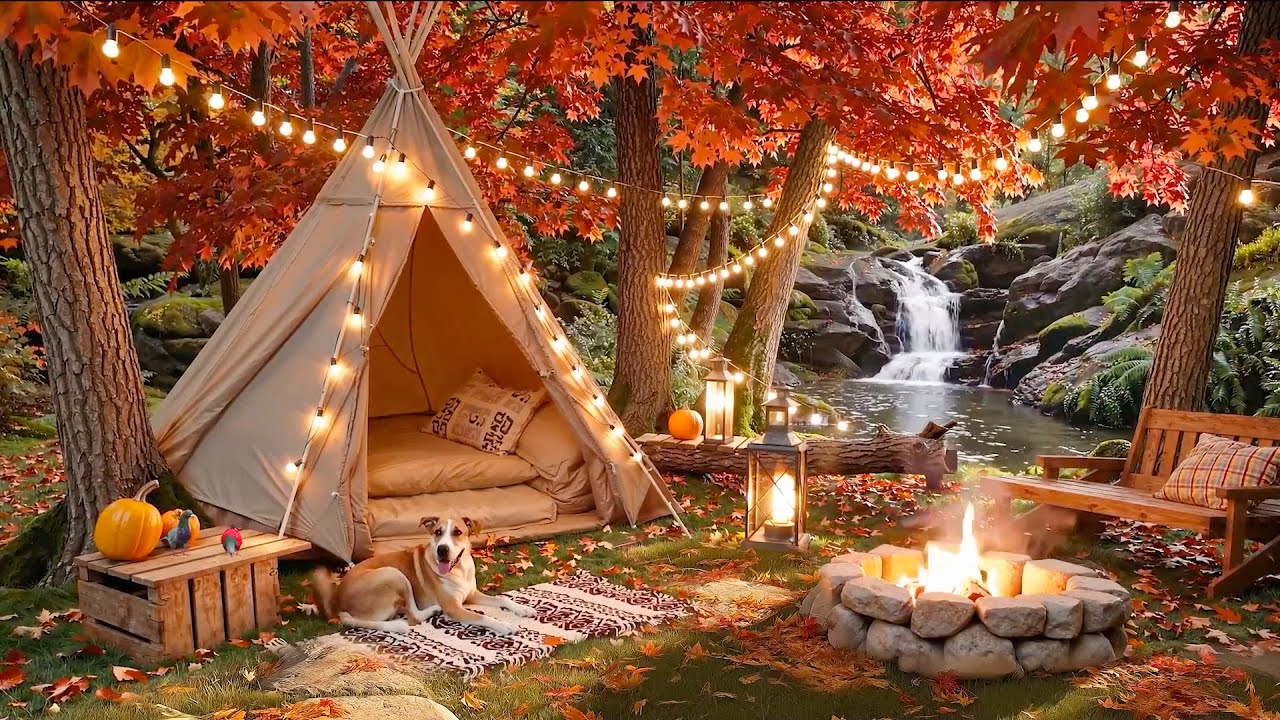 Autumn Camping by the Waterfall &ndash; Cozy Tent, Dog & Campfire Ambience 🍂 Relaxing Autumn Music
