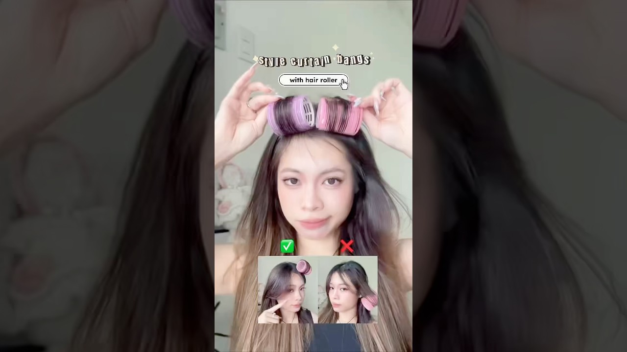 Tip style curtain bangs with hair roller #JellyKat  #beauty #makeup #hairstyle #hairtutorial