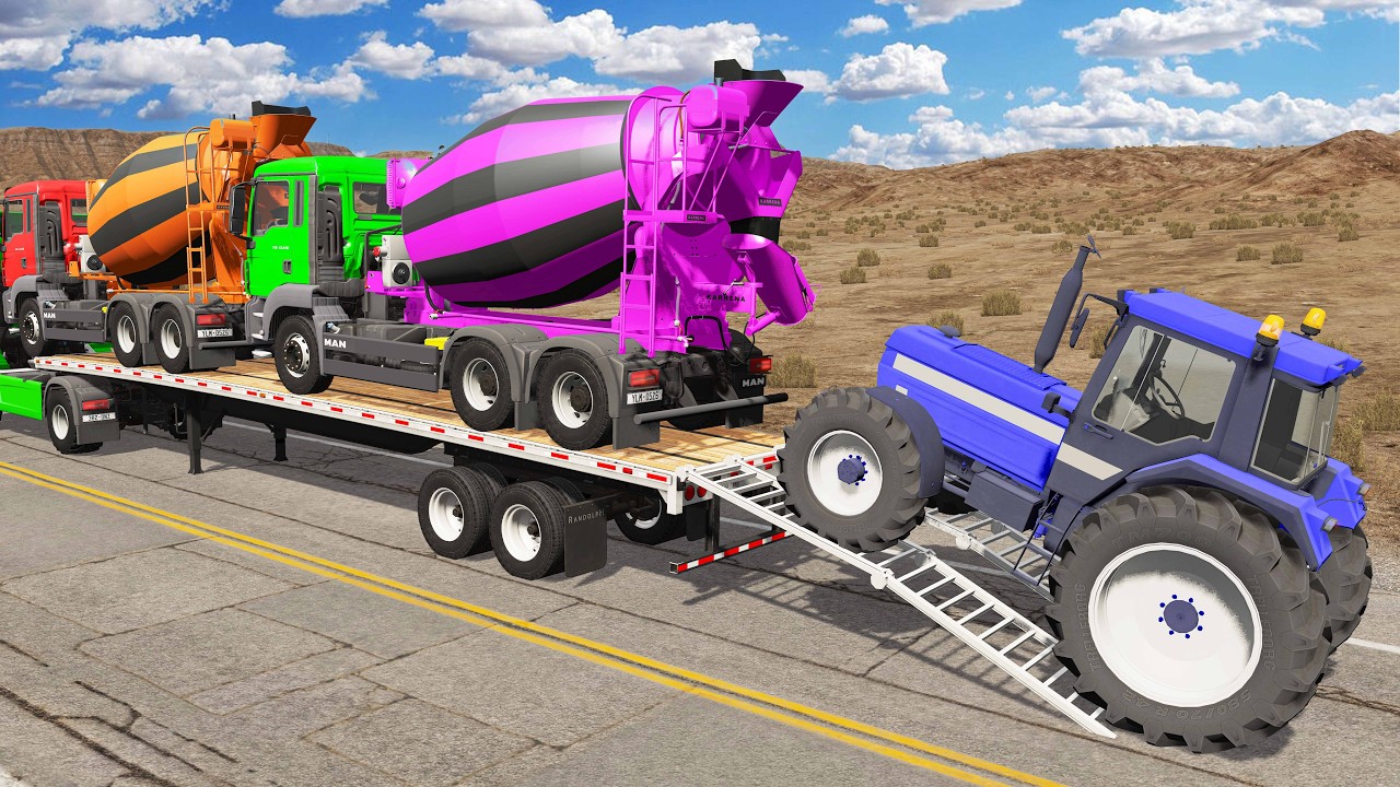 Four Trucks Transporting cars with Flatbed Trailers | Cars vs Speedbump vs Train vs Pothole #4