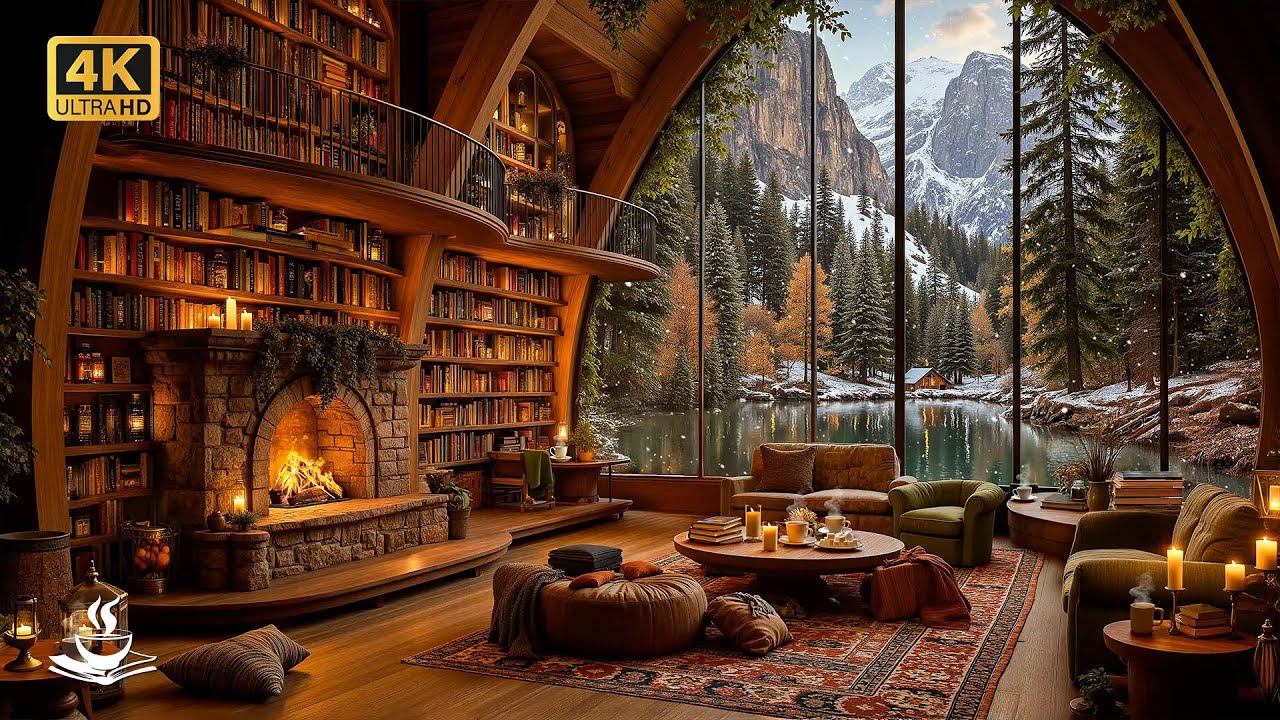 Relaxing Winter Jazz in a Cozy Library ❄️ Crackling Fireplace, Alpine Lake View and Warm Ambience
