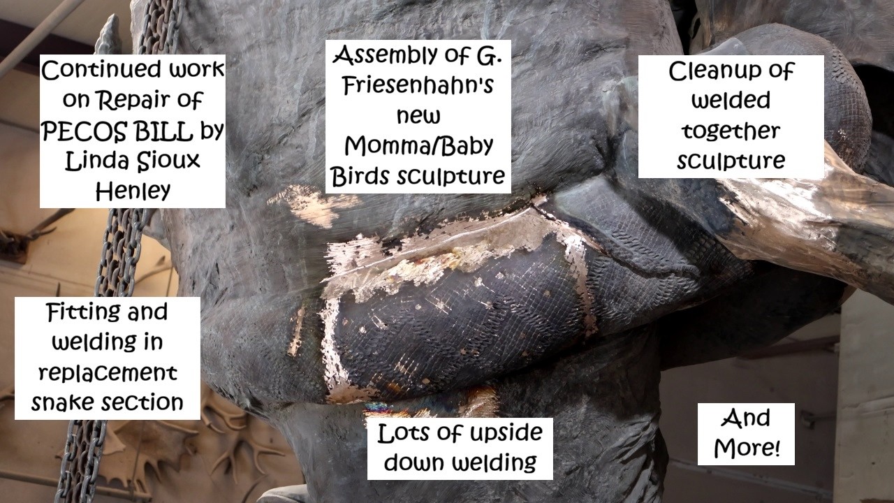 February 11, 2026 - Continued repair of PECOS BILL, assembly of G. Friesenhahn sculpture, welding...