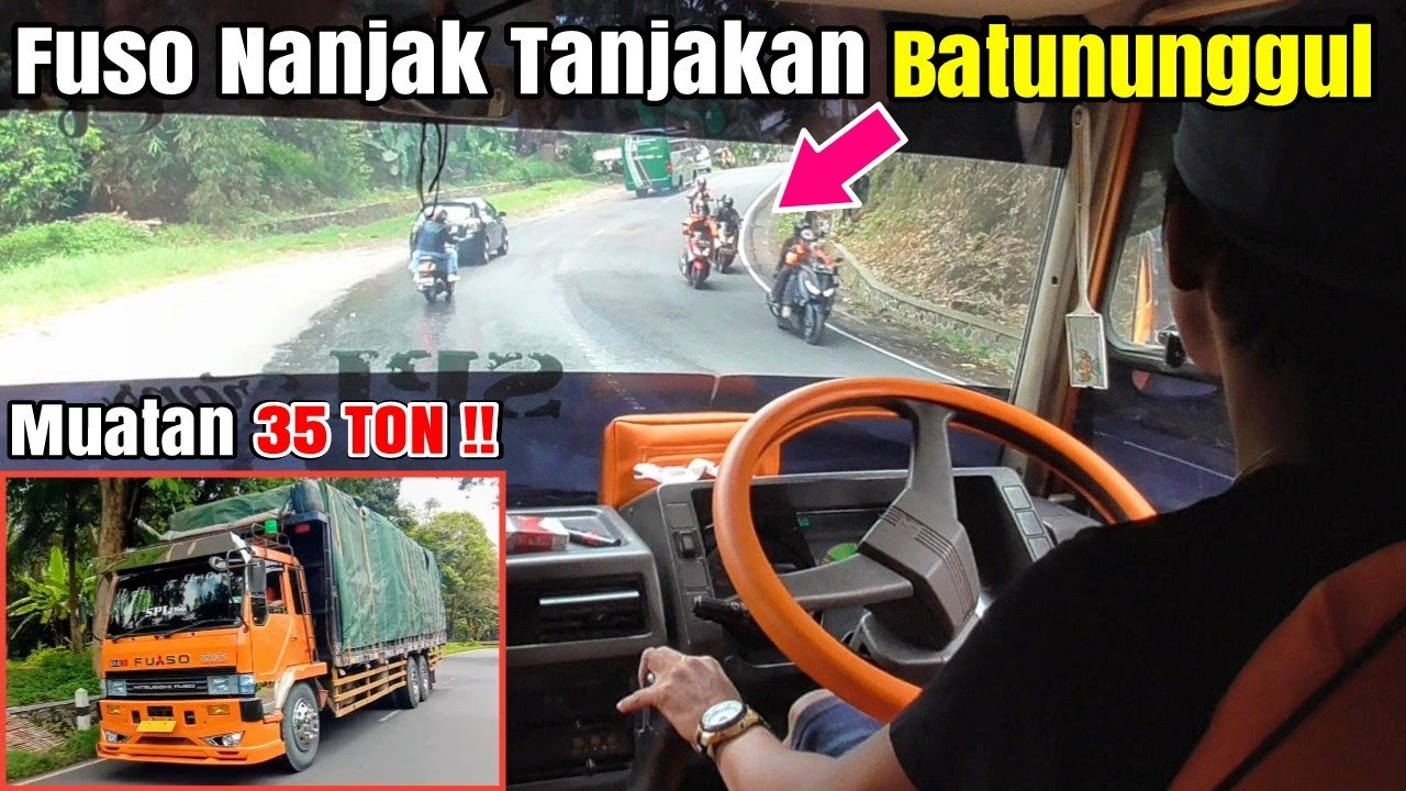 Skill Luar Biasa !! View dari dalam kabin Truk Fuso tronton 220ps Nanjak Batununggul & Tepung kanyut