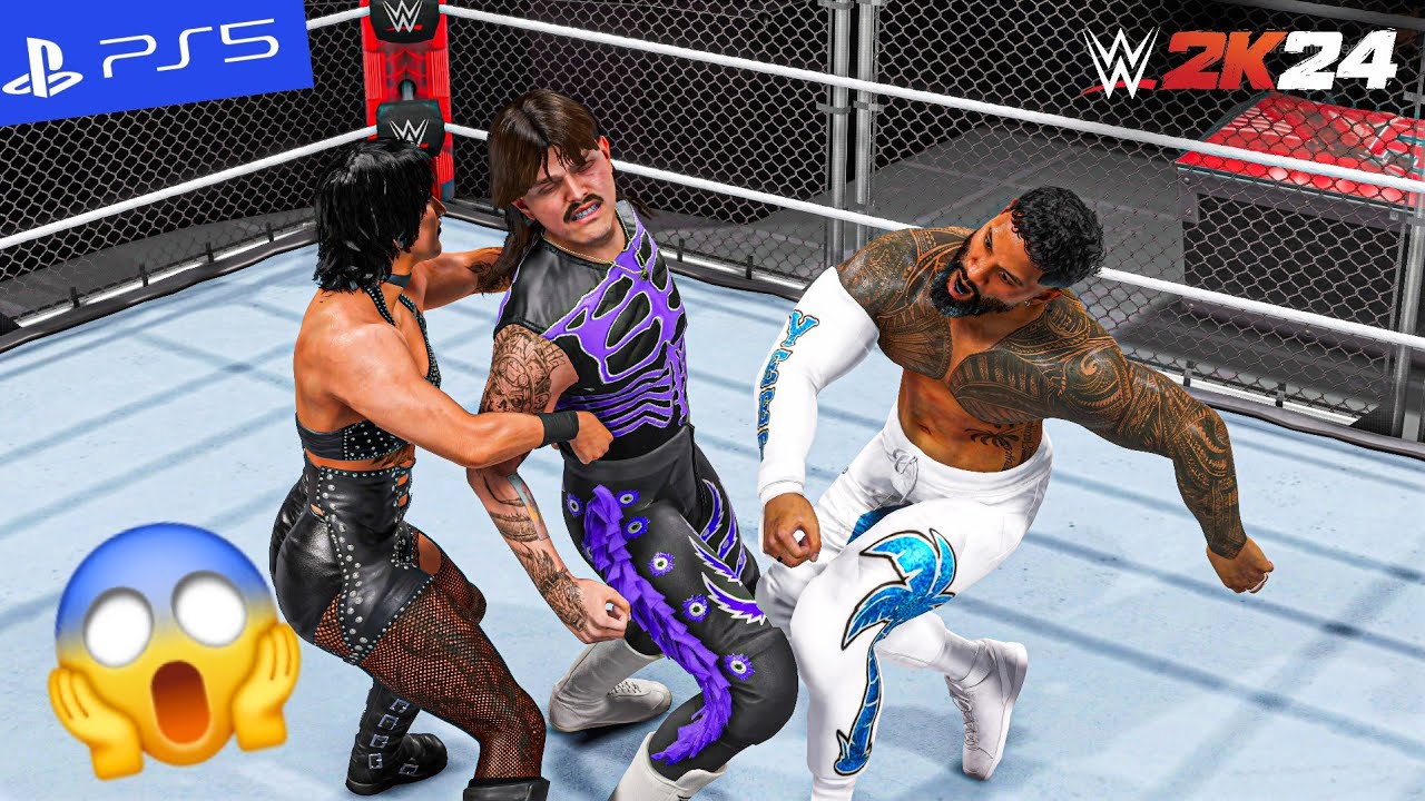 WWE 2K24 - Rhea Ripley & Jey Uso vs. Liv Morgan & Dominik Mysterio - Steel Cage Match | PS5