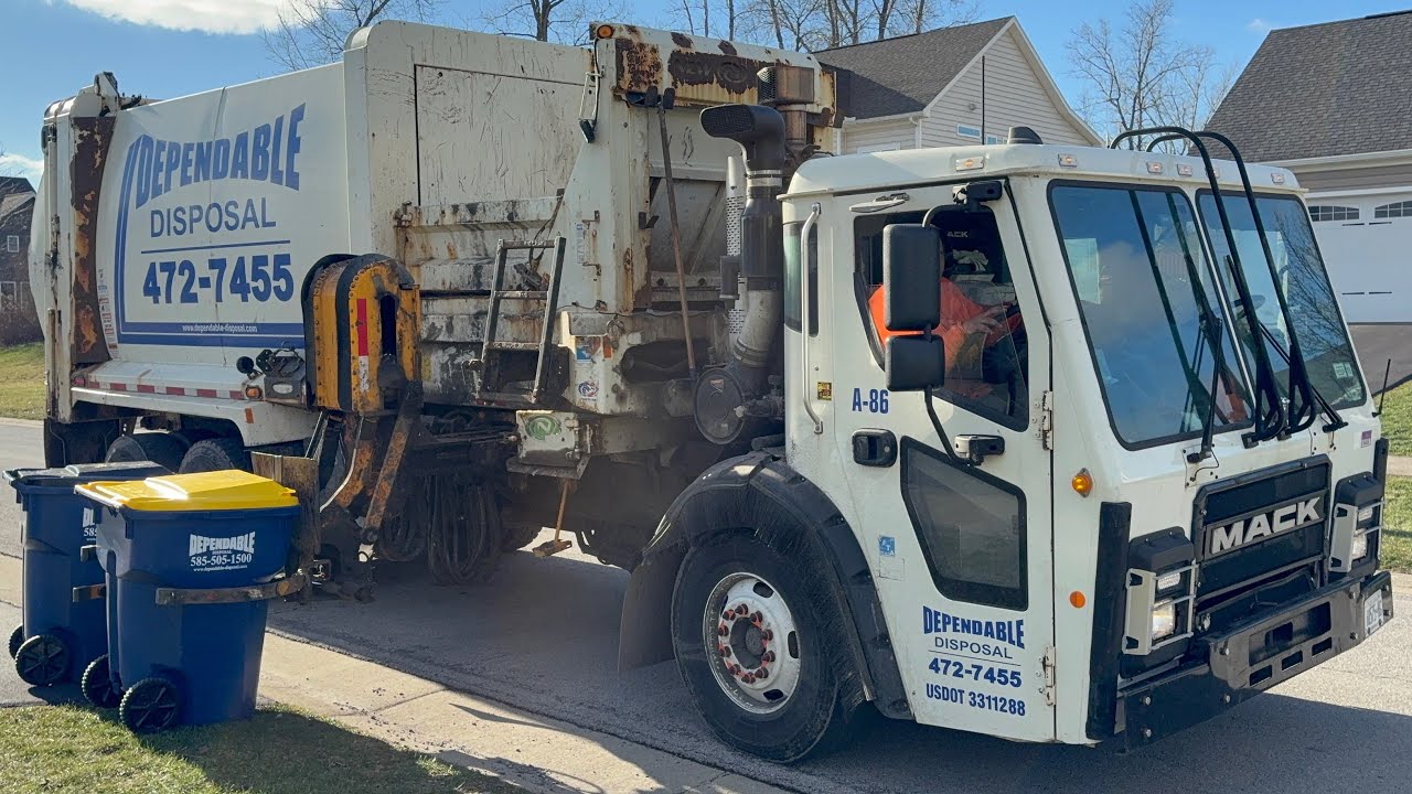 Dependable Disposal Mack LR New Way Sidewinder Side Loader Garbagr Truck In Action
