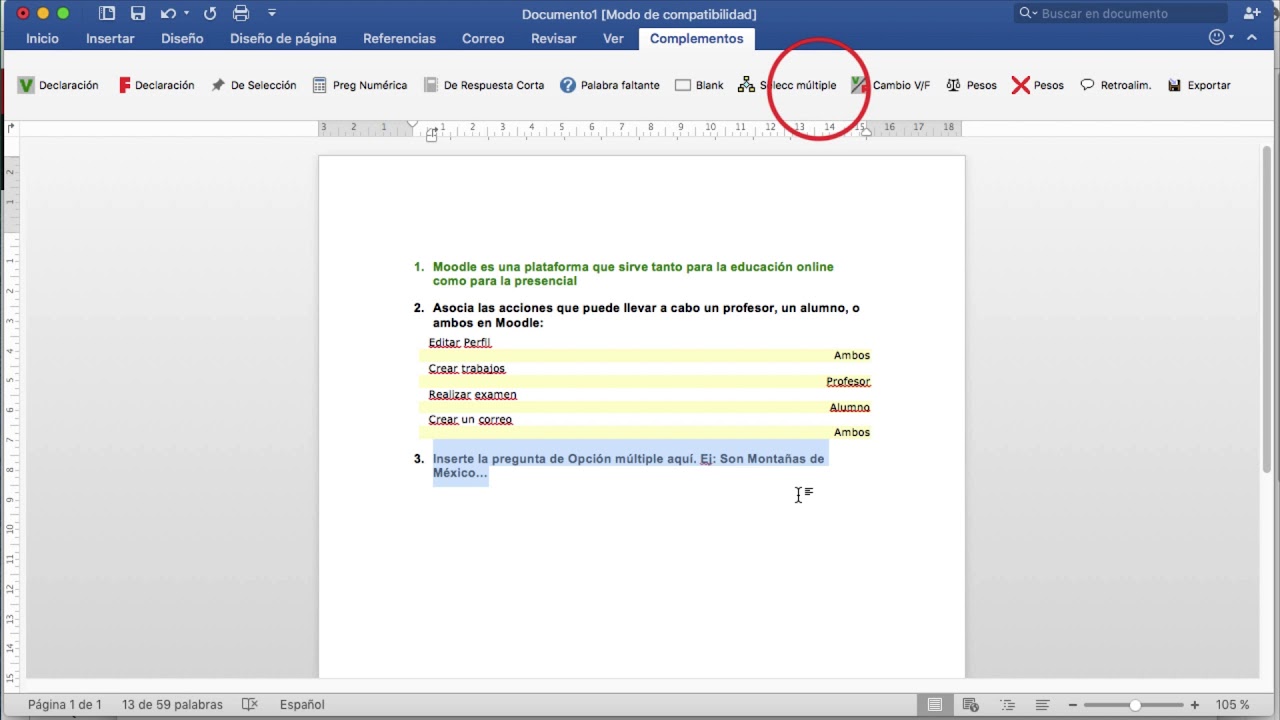 CURSO AVANZADO MOODLE 3.3. Banco de preguntas: Crear pregunta tipo Word