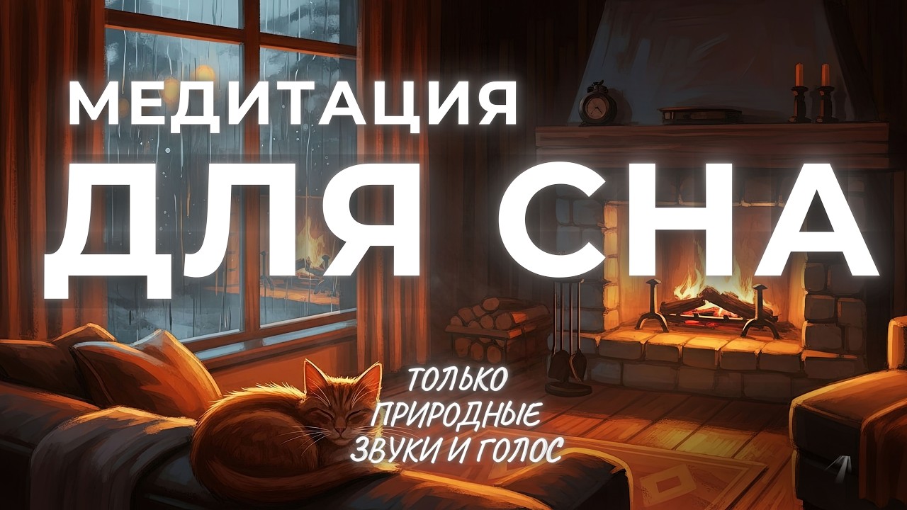 Медитация спокойного сна (только голос, без музыки) | Дождь, камин и мурлыканье кота