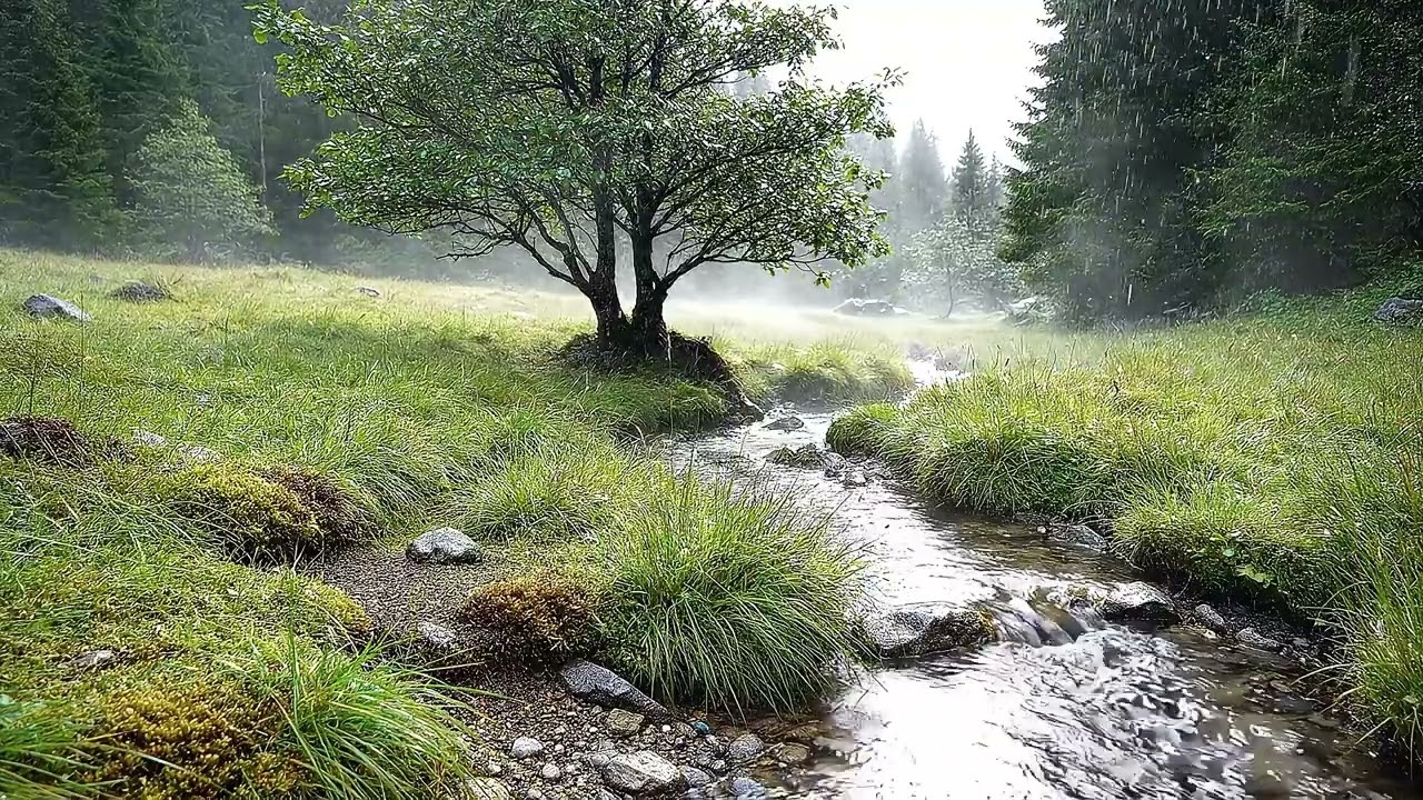 Quiet Mountain Meadow 🌿 Soft Rain & Gentle Stream | Relaxing Nature Sounds for Stress Relief