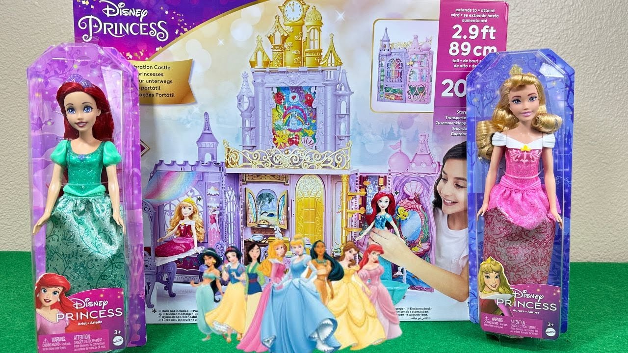 Unboxing Disney Princess Fold and Go Celebration Castle with the princess Aurora and Mermaid Ariel