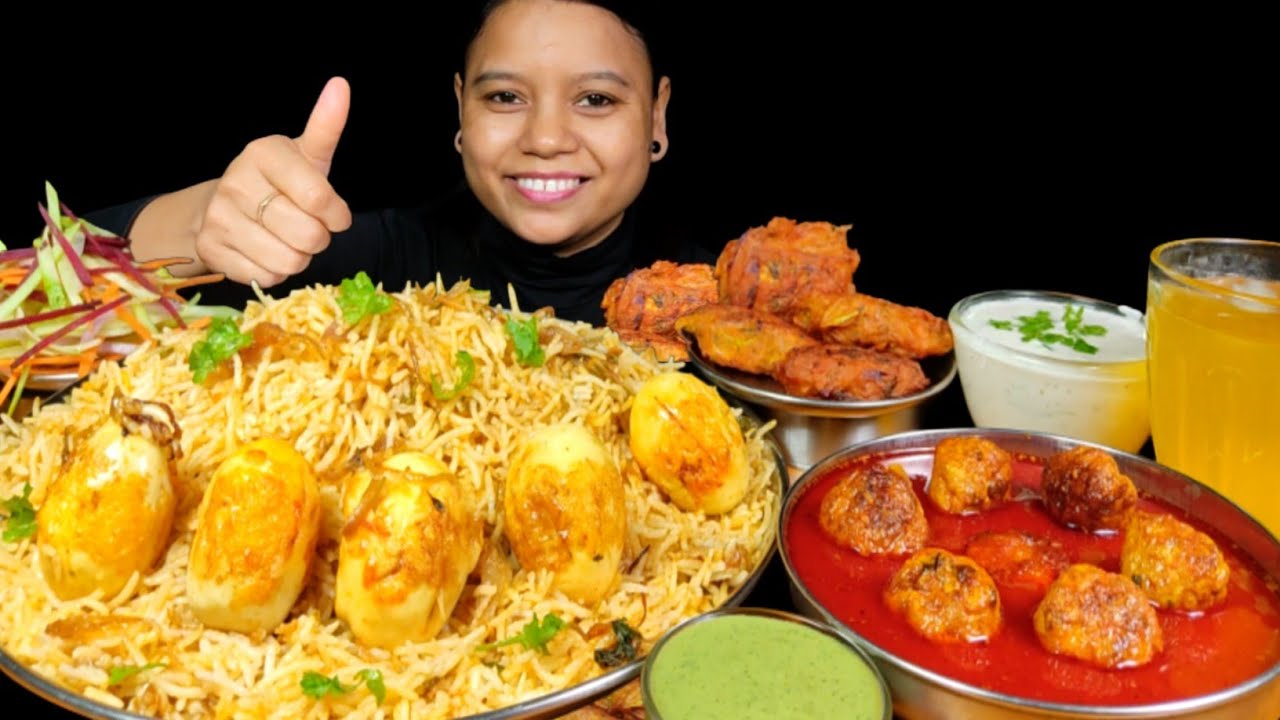 Eating Egg Biryani, Egg Onion Pakoda, Raita, Spicy Chicken Kofta Curry | Eating Show | Asmr Mukbang