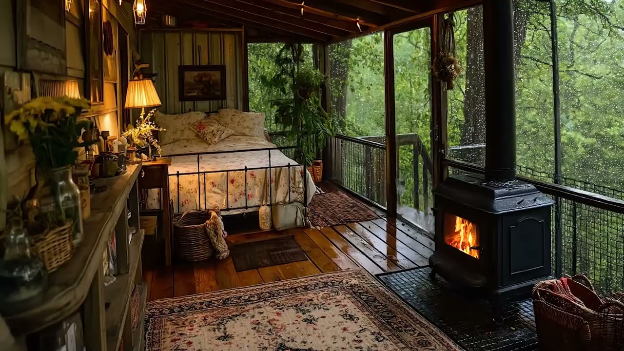 The House Listening to Rain and Fire | Rain Sounds and Cozy Fireplace Sounds for Sleep