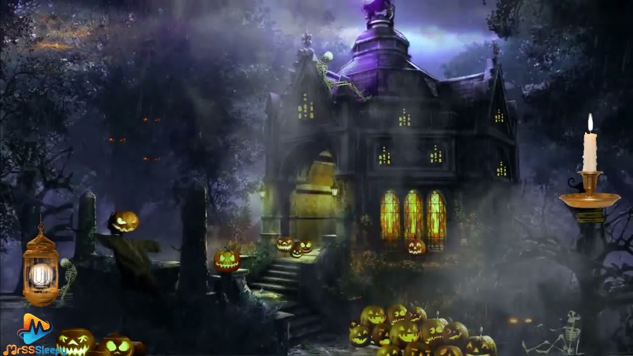10 Hours Halloween Spooky Ambience Haunted Houses Village | Rainy House with lighting & Fog