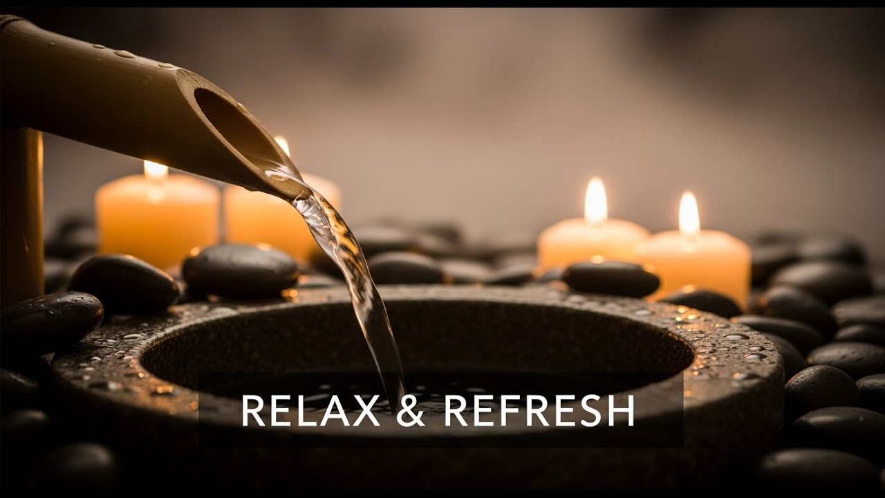 Healing Zen Night Flow Bamboo Fountain and Candle Glow for Deep Sleep Meditation Healing Peace