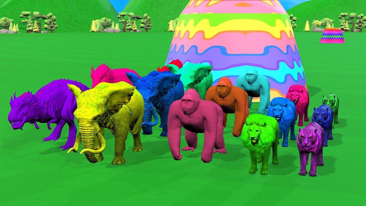 Paint&Animals,Gorilla,Lion,Elephant,Tiger, Dinosaur Fountain Crossing Transformation Animal Cartoon