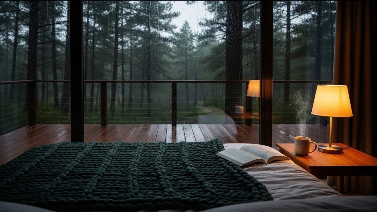 Cozy Rainy Night in a Cabin | Relaxing Piano Music & Heavy Rain on Window