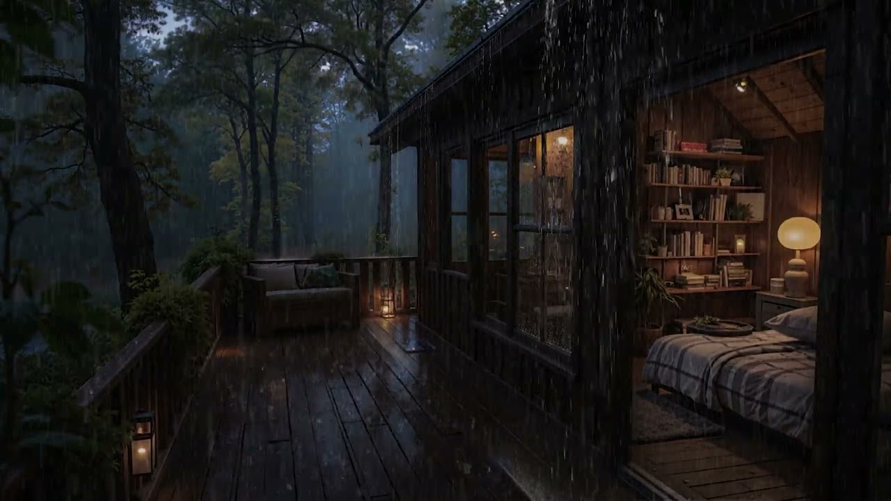 Soft Woodland Rain on a Wooden Cabin 🌲 Peaceful Indoor Sleep Mood | 4K – No Ads