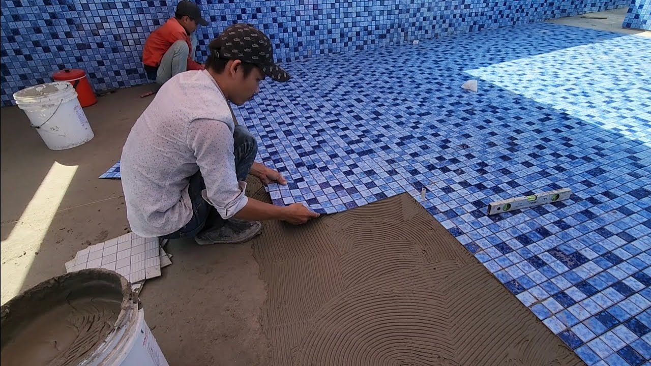 cách bóp ke lát nền gạch mosaic hồ bơi #760 Construction of swimming pool mosaic tiles
