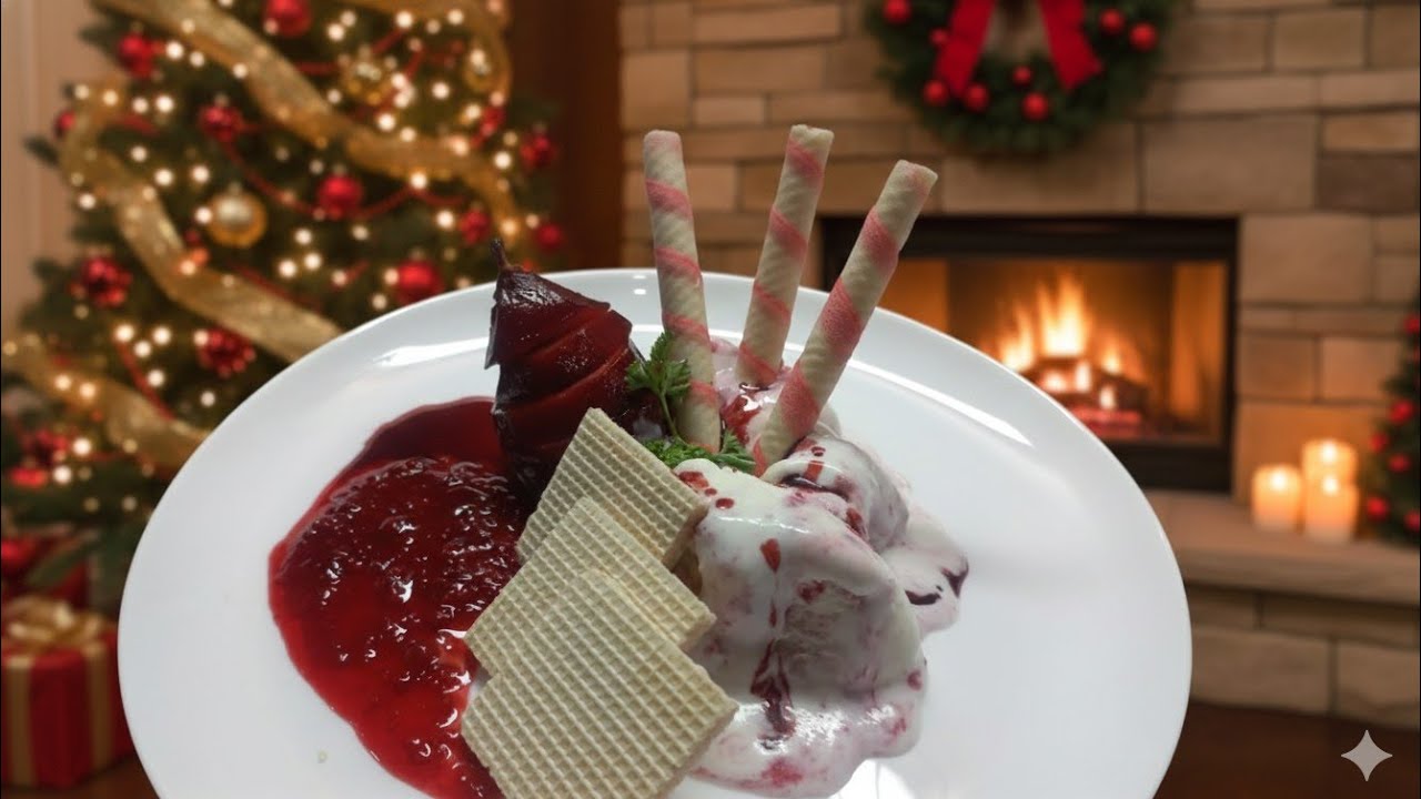 POSTRE PARA NAVIDAD 🎄🎅 :  Pera al vino en su  almíbar  con mermelada de frambuesas/ Sirve con Helado