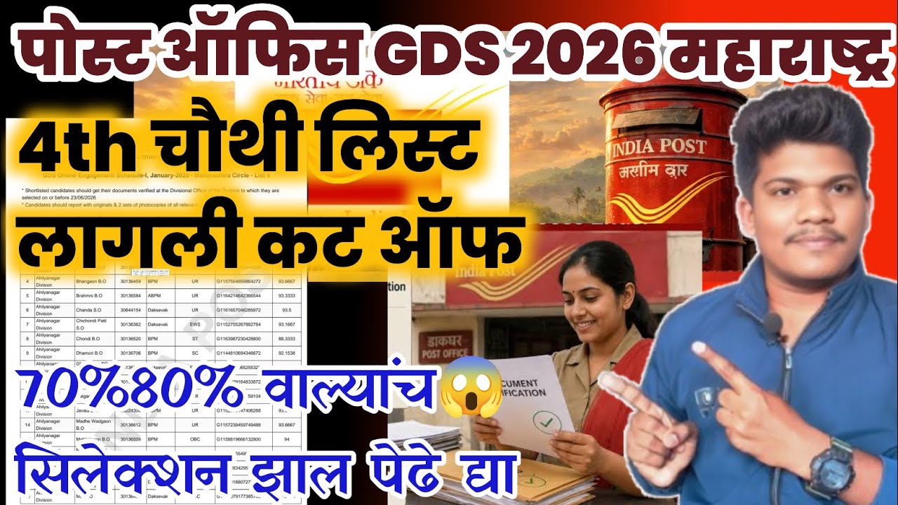 पोस्ट ऑफिस GDS 4th लिस्ट लागली📣 कट ऑफ 70% 80% वाल्यान जागा खाल्ली😱l post office gds 4th cut off 2026
