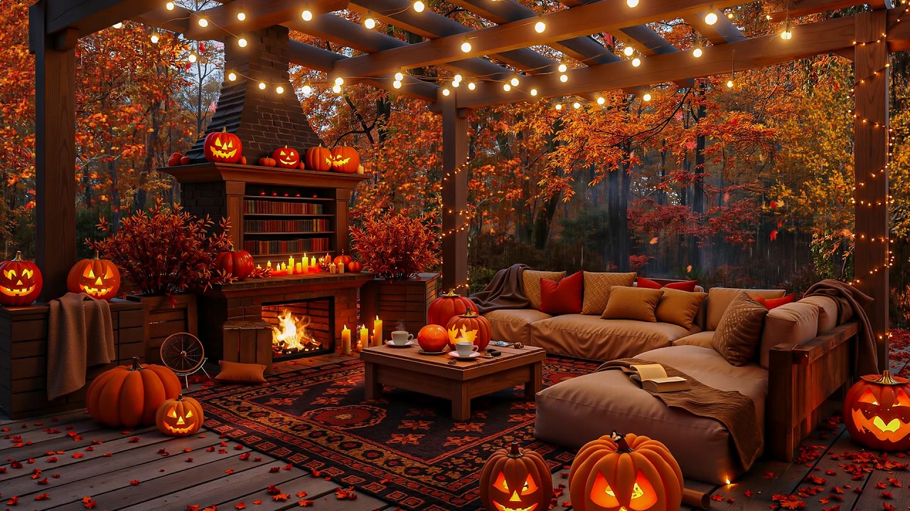 Magical Cozy Autumn Porch 🍂🌧️ Soft Jazz, Gentle Rain & Warm Fire Ambience for Relaxation & Focus