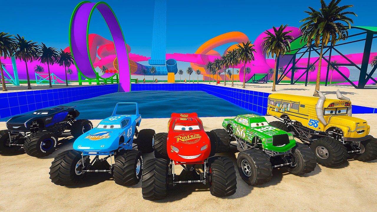 Cars Monster Truck Pool Jump Challenge &mdash; McQueen King Chick Hicks Jackson Storm Miss Fritter Loop