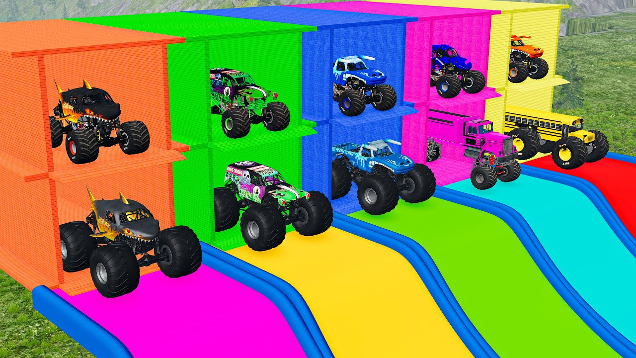 12 Monster Truck From COLORFUL BOXES - Monster Trucks Crashes