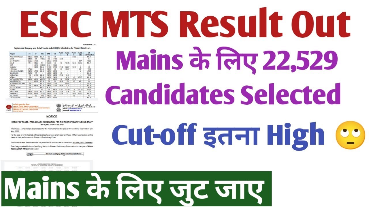 ESIC MTS phase-I result out । ESIC mts prelims- 2022 result out। esic mts cut off। esic mts mains
