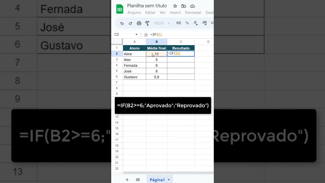 Fun&ccedil;&atilde;o SE no Google Planilhas