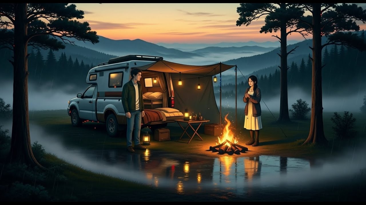 A Cozy Rainy Night on the Mountain | Camping Together at Sunset | Ghibli-Style