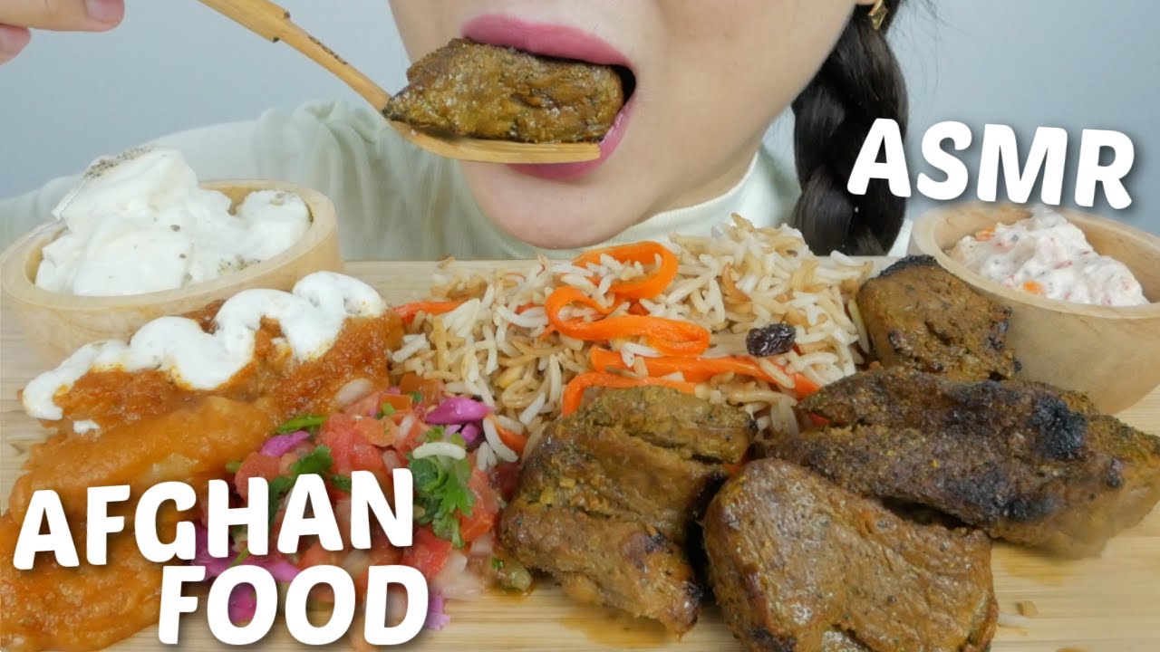 ASMR AFGHAN FOOD *Beef Kebab, Afghan rice and potatoes with Firni-Milk pudding NO Talking | N.E