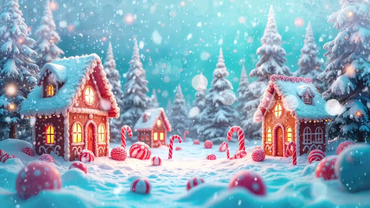 Candyland Christmas background | Gingerbread Houses | Falling Snow | Christmas Ambience (no sound)